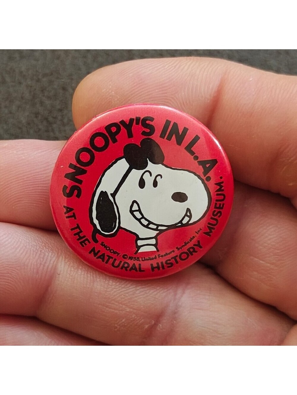 1980s Snoopy's In L.A. At The Natural History Museum Pinback Button